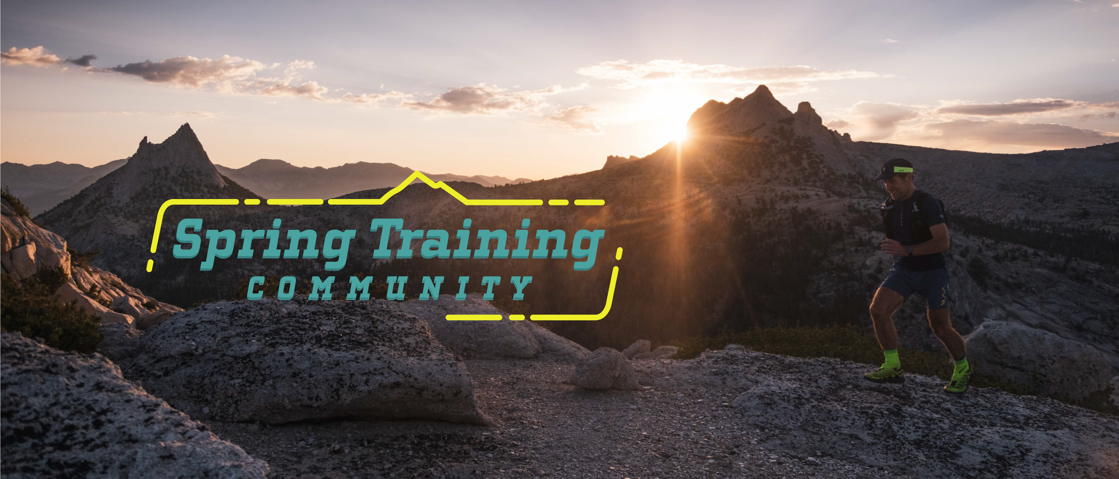 Text: Spring Training Community. Runner at sunrise